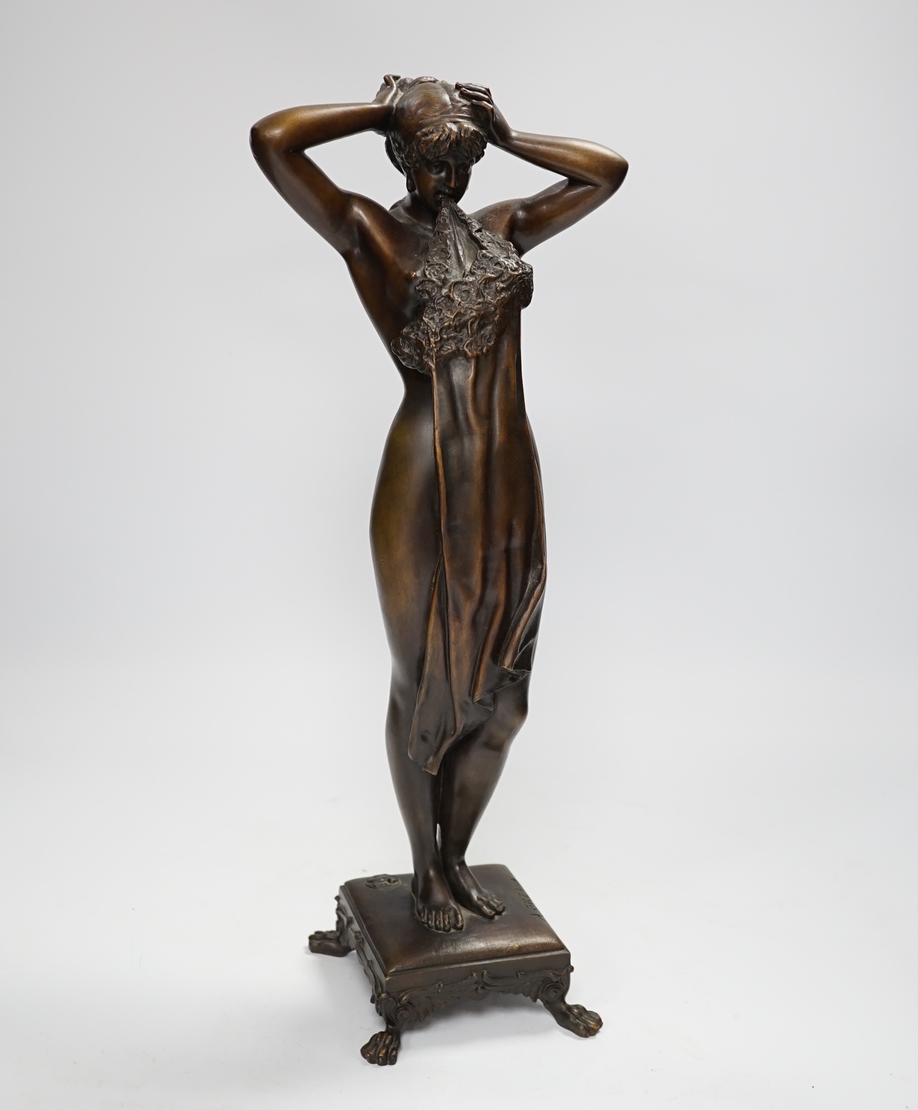 After Alfred Grevin (French, 1827-1892). A bronze study of an Art Nouveau female nude, signed to base, 41cm high